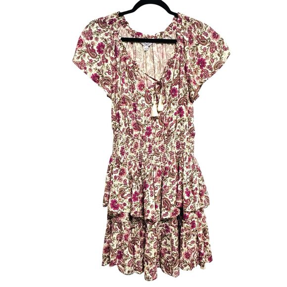 Anthropologie Patrons of Peace Tiered Mini Dress Sz S Floral Smock Waist Purple - Picture 5 of 8